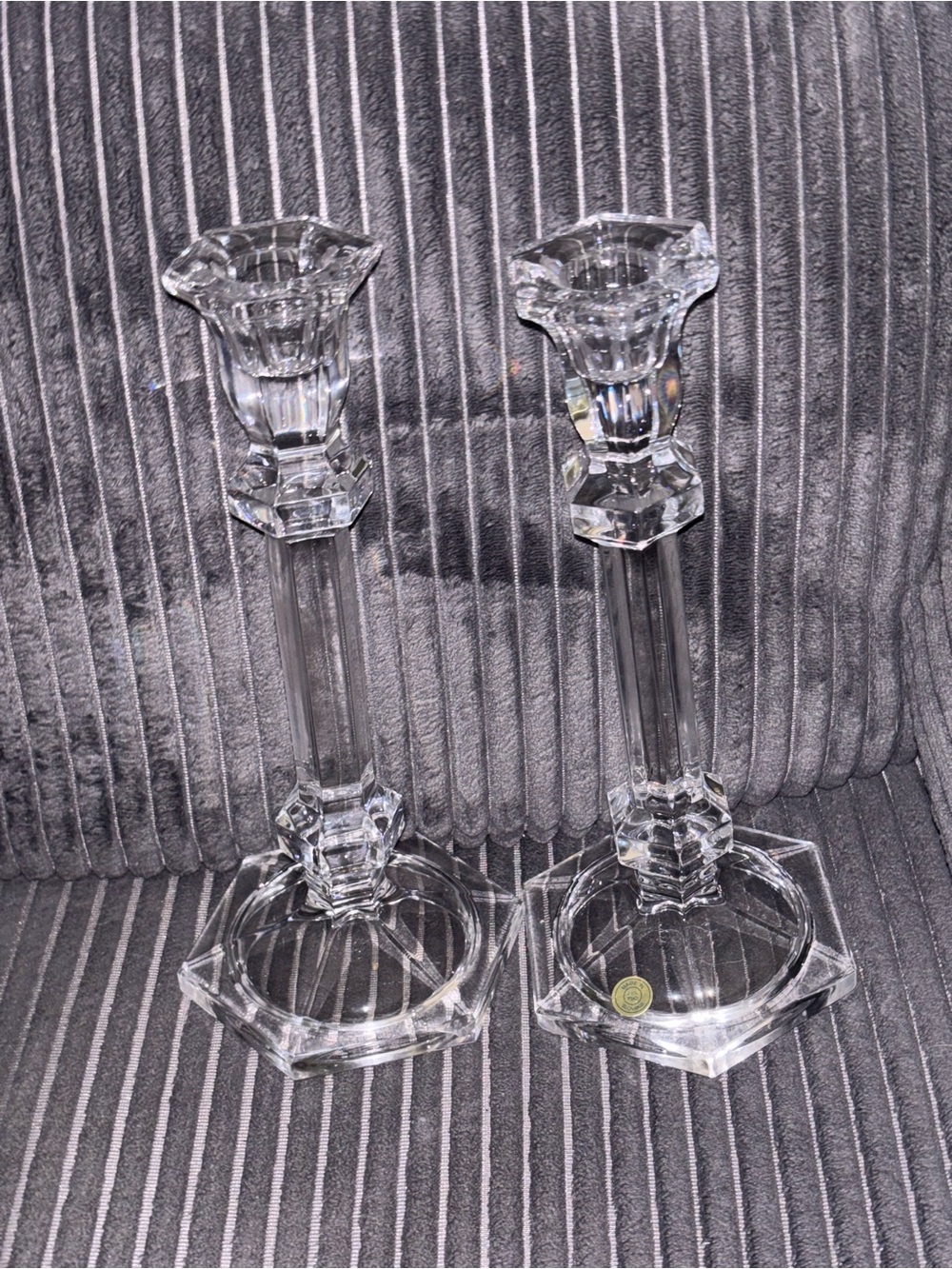 Crystal Glass Candlestick Pair 10” tall- Clear